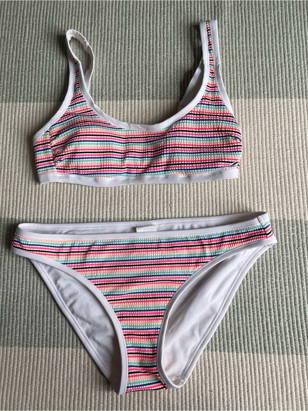 Hula Honey White Bikini Top with Multicolor Stripes, sz M top, sz L bottom